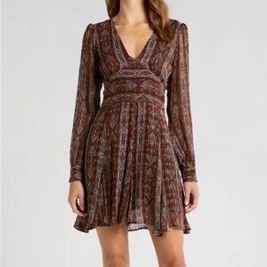 Paige, Brown Rust Tiered Bishop Sleeve Dress, 6, Brown